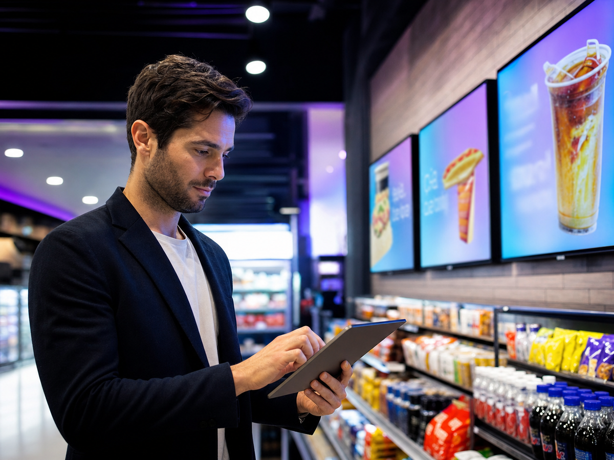 Advertiser reviewing retail media campaign performance near in-store digital displays