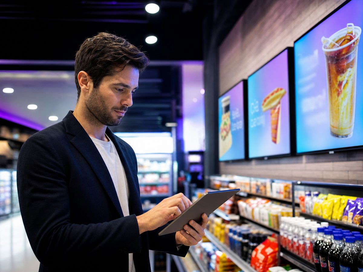 Advertiser reviewing retail media campaign performance near in-store digital displays