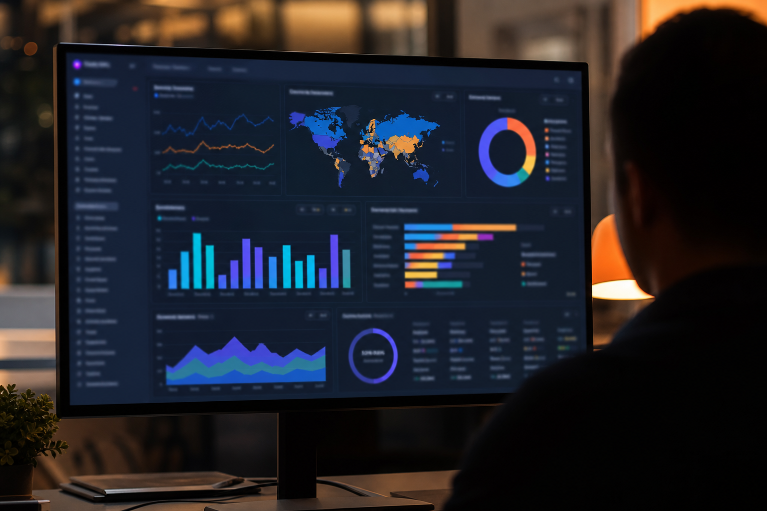 A sleek marketing analytics dashboard illustrating real-time campaign statistics such as total screen plays, local store impressions, and active locations.
