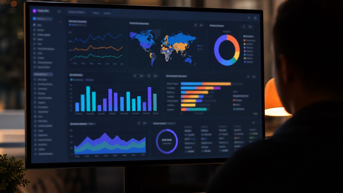 A sleek marketing analytics dashboard illustrating real-time campaign statistics such as total screen plays, local store impressions, and active locations. A sleek marketing analytics dashboard illustrating real-time campaign statistics such as total screen plays, local store impressions, and active locations.