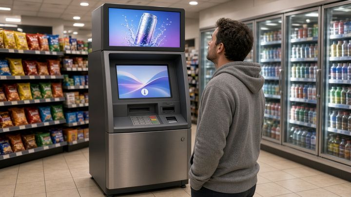 Convenience-store ATM with a digital topper playing a product video while a customer waits, idle main screen showing a shared advertisement. Convenience-store ATM with a digital topper playing a product video while a customer waits, idle main screen showing a shared advertisement.