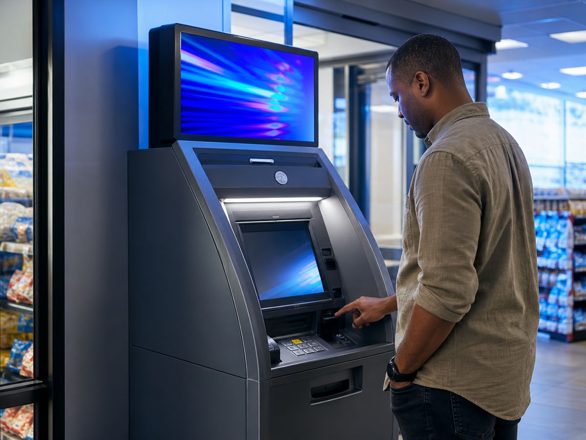 ATM with digital advertising screen in a convenience store, customer completing a transaction