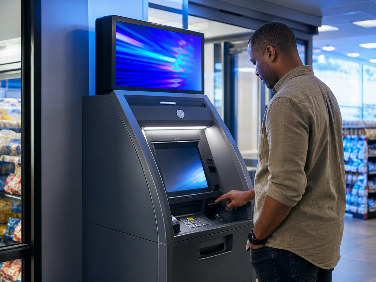 ATM with digital advertising screen in a convenience store, customer completing a transaction