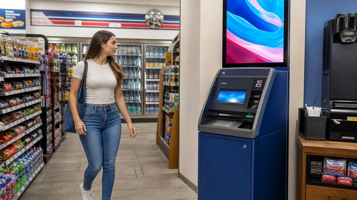 A clean, modern automatic teller machine (ATM) in a brightly lit retail environment featuring an advertising video screen on top. A clean, modern automatic teller machine (ATM) in a brightly lit retail environment featuring an advertising video screen on top.