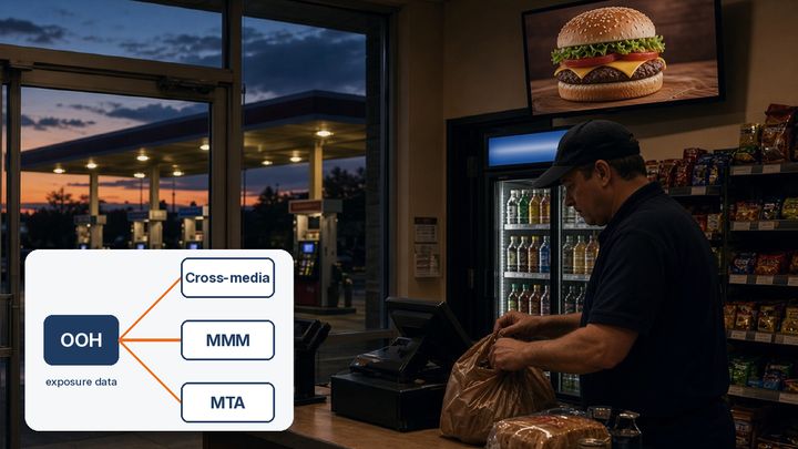 Convenience store checkout at dusk with a digital screen above the cooler, fuel pumps through the doors, and a small diagram of OOH exposure data feeding cross-media, MMM, and MTA measurement. Convenience store checkout at dusk with a digital screen above the cooler, fuel pumps through the doors, and a small diagram of OOH exposure data feeding cross-media, MMM, and MTA measurement.