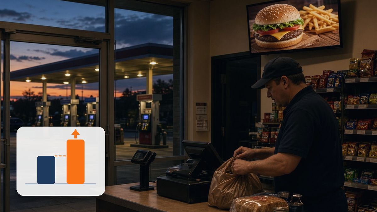 Convenience store at dusk with a digital screen above the checkout counter and fuel pumps visible through the glass doors, with a simple test-versus-control bar graphic overlaid. Convenience store at dusk with a digital screen above the checkout counter and fuel pumps visible through the glass doors, with a simple test-versus-control bar graphic overlaid.