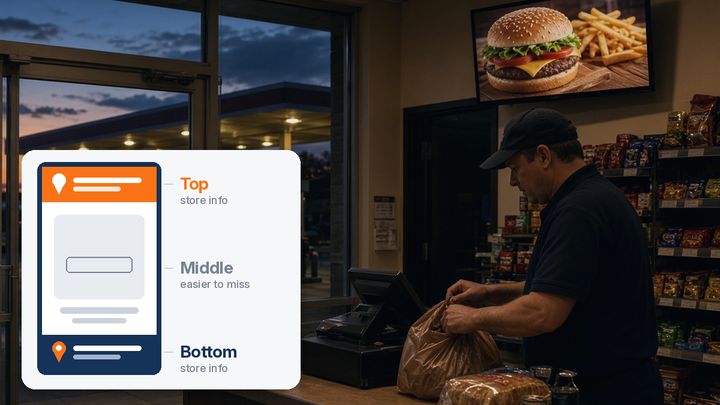 Convenience store checkout at dusk with a digital screen above the counter, and a diagram of a vertical screen ad with store information placed in a top band and a bottom band, each with a location pin, and a faded middle placement. Convenience store checkout at dusk with a digital screen above the counter, and a diagram of a vertical screen ad with store information placed in a top band and a bottom band, each with a location pin, and a faded middle placement.