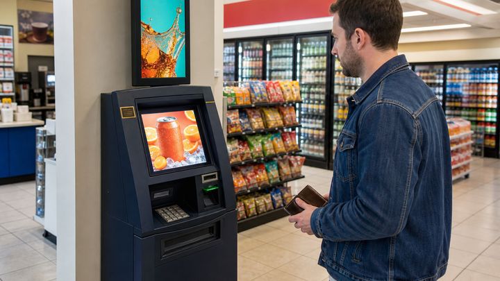 Customer approaching a convenience-store ATM whose idle screen shows a product advertisement, with a small official-sign plate on the cabinet. Customer approaching a convenience-store ATM whose idle screen shows a product advertisement, with a small official-sign plate on the cabinet.