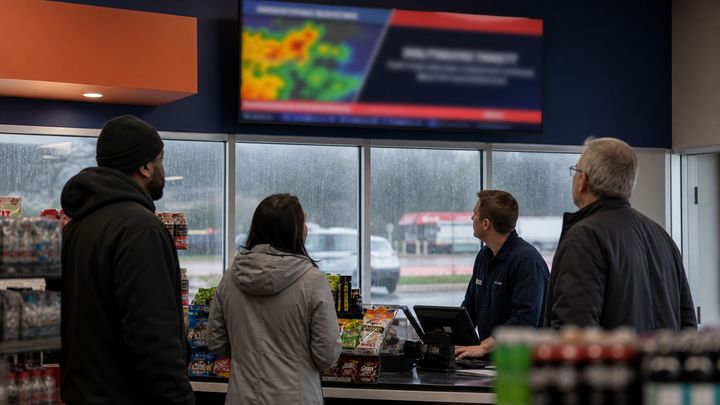Convenience store checkout with a digital screen showing an urgent weather-style alert during a stormy afternoon. Convenience store checkout with a digital screen showing an urgent weather-style alert during a stormy afternoon.
