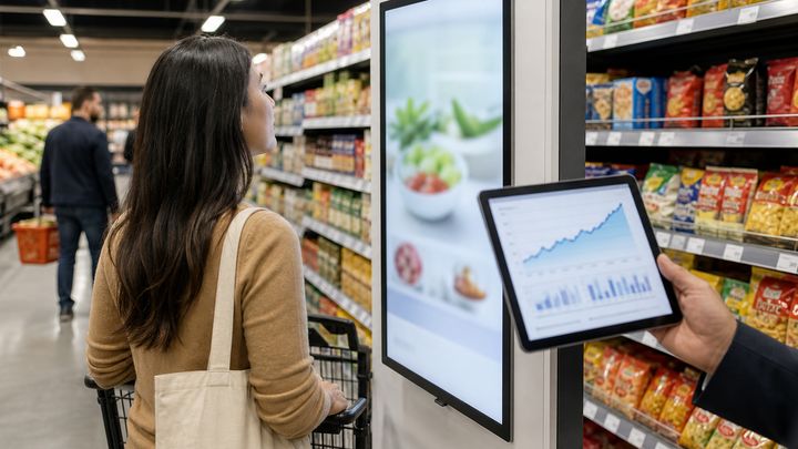 A vibrant digital out-of-home video display positioned inside a premium modern retail environment driving in-store engagement.