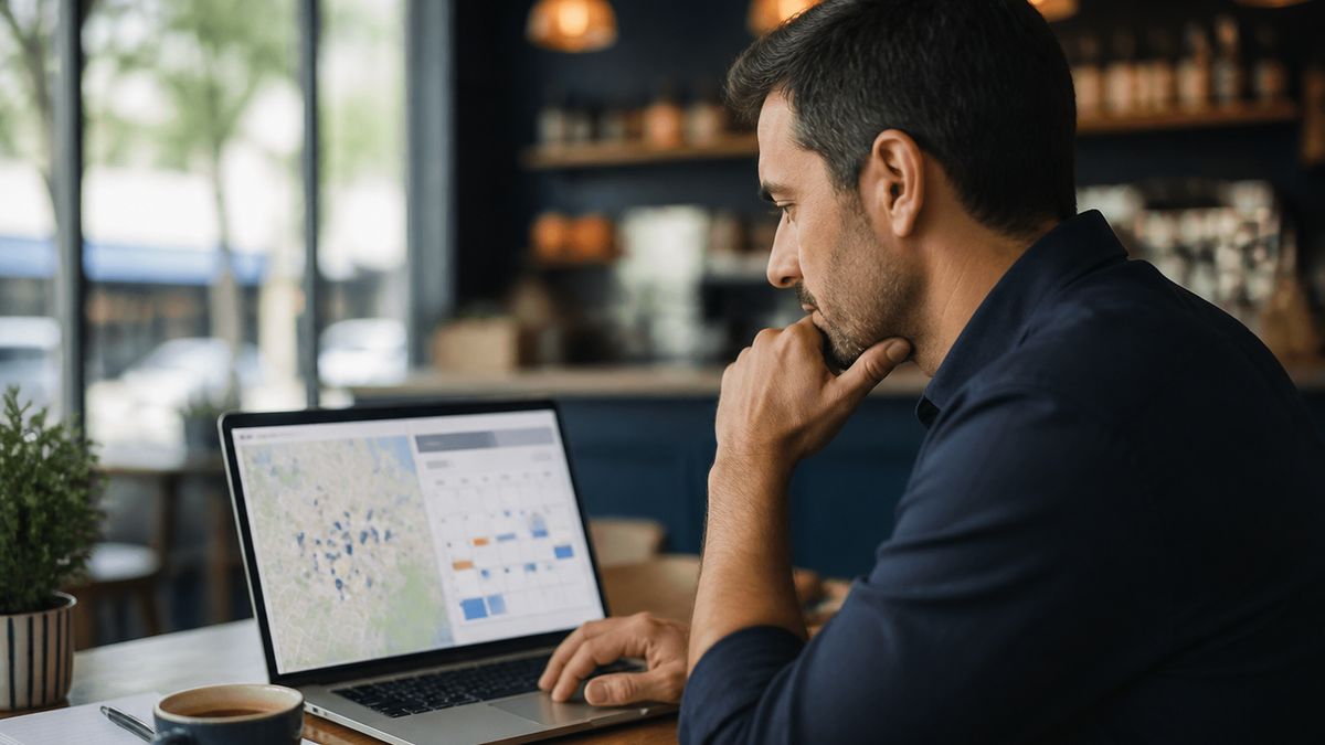 Business owner planning self-serve video ad venues on a laptop in a cafe. Business owner planning self-serve video ad venues on a laptop in a cafe.