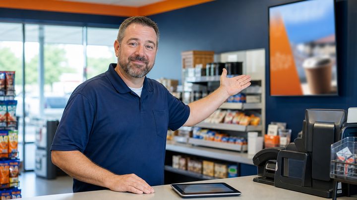 Convenience store owner gesturing toward a mounted digital advertising screen behind the counter. Convenience store owner gesturing toward a mounted digital advertising screen behind the counter.
