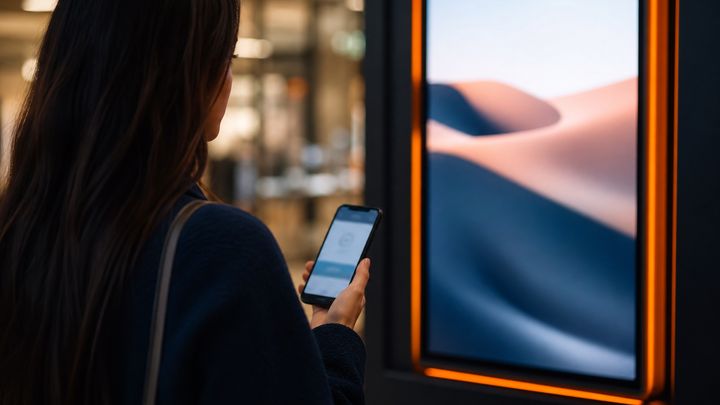 Person holding a phone near a glowing digital retail screen while preparing a mobile payment. Person holding a phone near a glowing digital retail screen while preparing a mobile payment.
