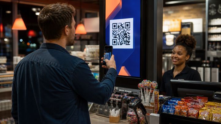 Shopper scanning a QR code on a digital screen at a convenience store checkout. Shopper scanning a QR code on a digital screen at a convenience store checkout.
