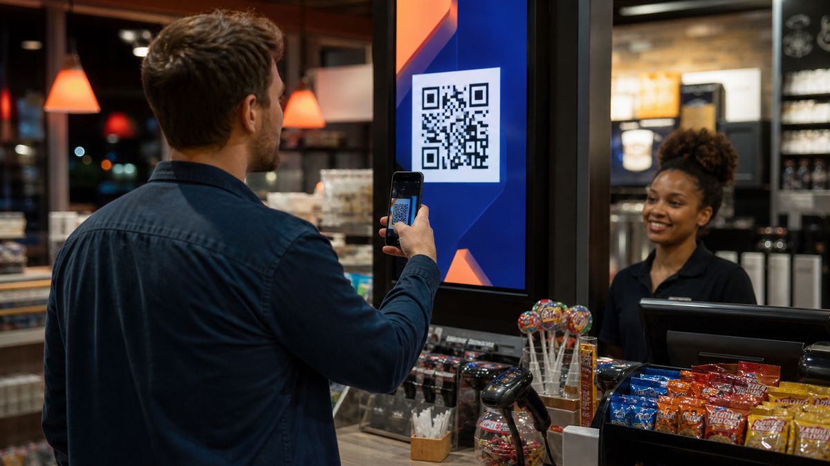 Shopper scanning a QR code on a digital screen at a convenience store checkout. Shopper scanning a QR code on a digital screen at a convenience store checkout.