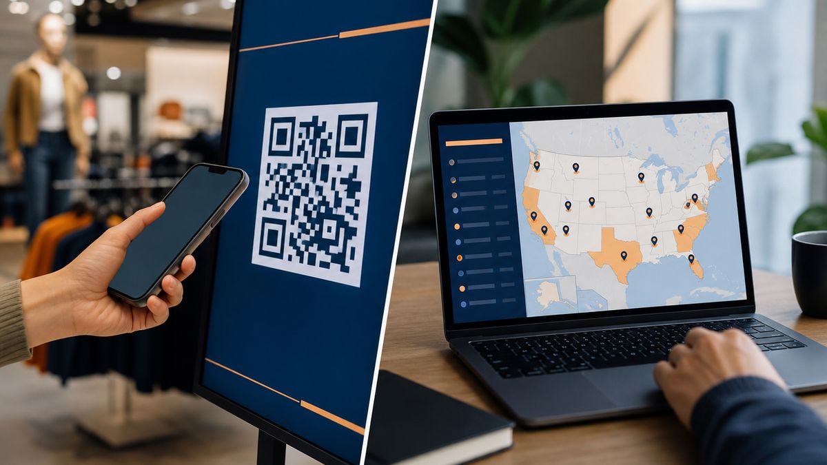 Split scene of a phone near a store QR screen and a laptop with venue selection for campaigns. Split scene of a phone near a store QR screen and a laptop with venue selection for campaigns.
