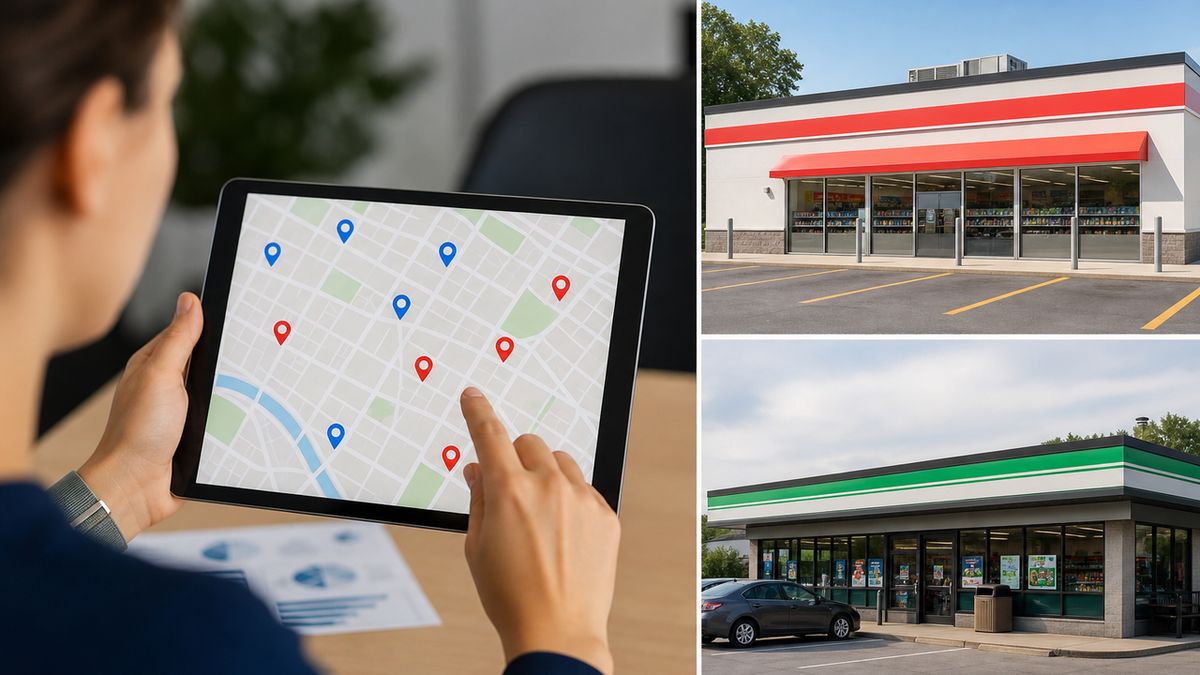 An illustrative graphic showing two comparable retail stores, one with in-store digital ads and one without, highlighting the sales lift measurement process.