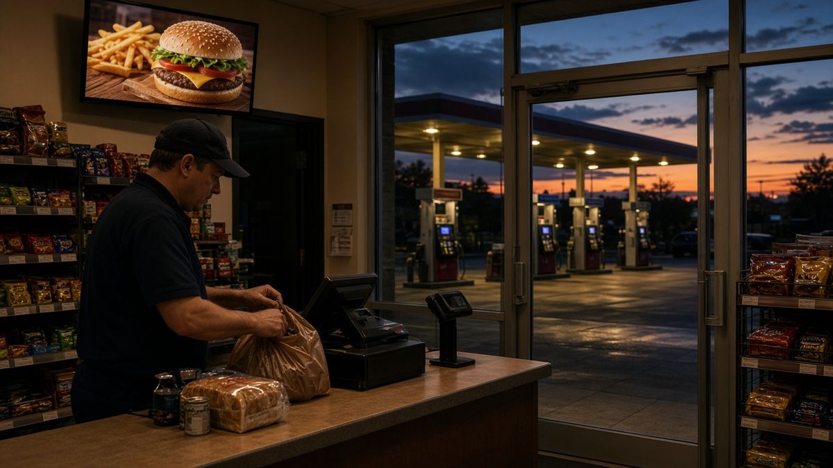 Independent convenience-store checkout with a digital screen above the counter and a fuel canopy visible through the glass doors.