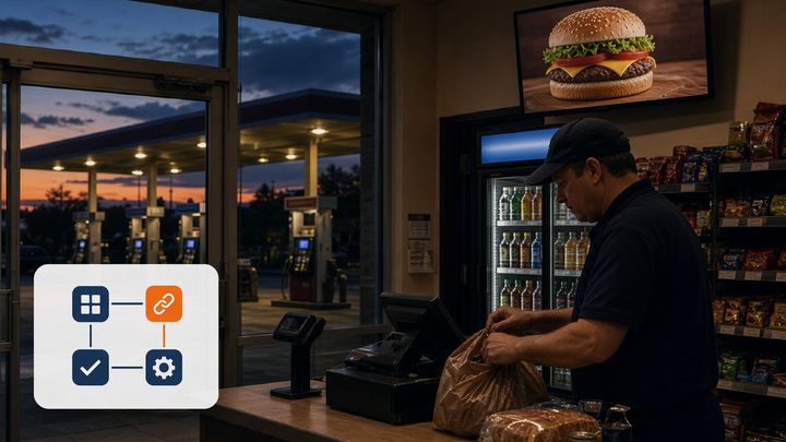 Convenience store checkout at dusk, with a digital screen above the cooler, fuel pumps visible through the doors, and a small diagram of four connected planning steps. Convenience store checkout at dusk, with a digital screen above the cooler, fuel pumps visible through the doors, and a small diagram of four connected planning steps.