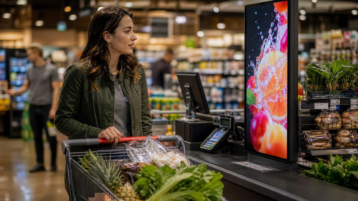 A focused, stylish view of a retail environment checkout line with a vertical high-definition screen showing an attractive product video. A focused, stylish view of a retail environment checkout line with a vertical high-definition screen showing an attractive product video.
