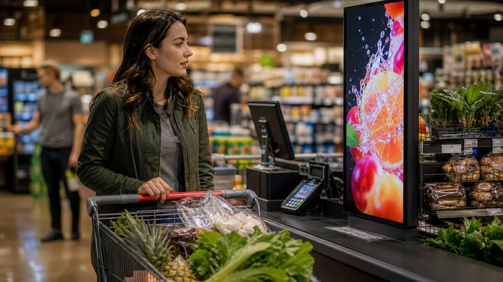 A focused, stylish view of a retail environment checkout line with a vertical high-definition screen showing an attractive product video.