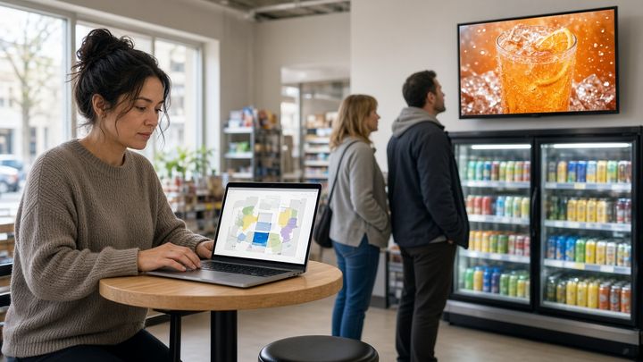 Local shop owner reviewing a laptop booking screen beside a convenience-store digital display playing the same video ad to shoppers. Local shop owner reviewing a laptop booking screen beside a convenience-store digital display playing the same video ad to shoppers.