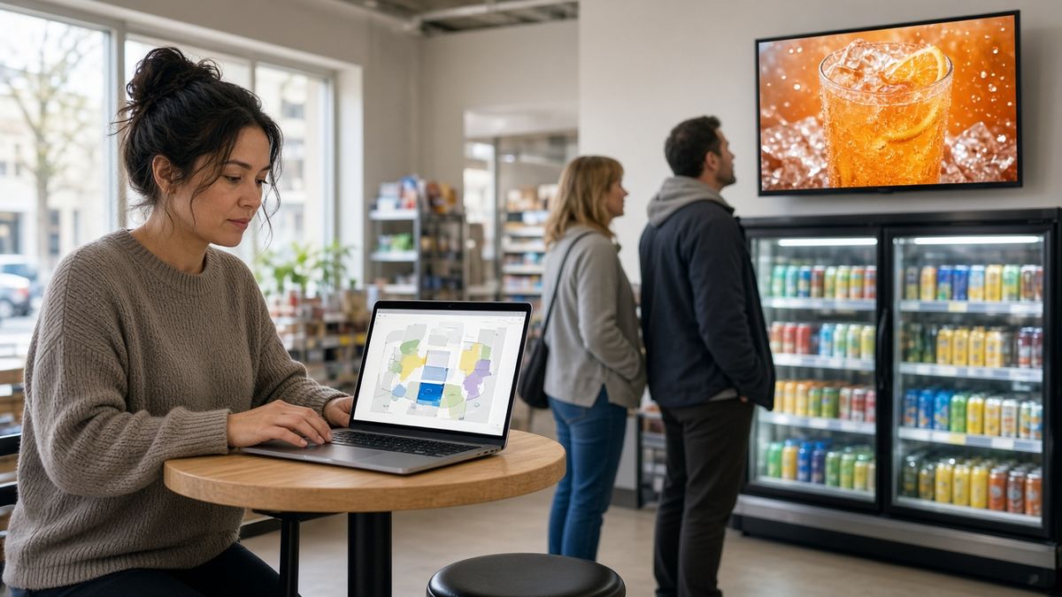 Local shop owner reviewing a laptop booking screen beside a convenience-store digital display playing the same video ad to shoppers.