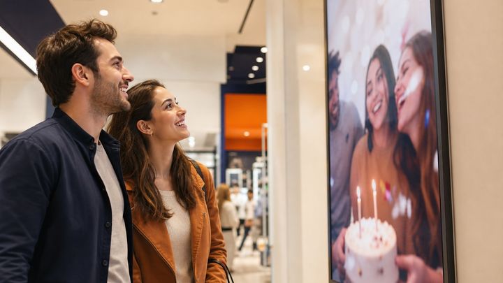 Couple looking up at a large digital screen showing a celebratory photo in a bright lobby. Couple looking up at a large digital screen showing a celebratory photo in a bright lobby.