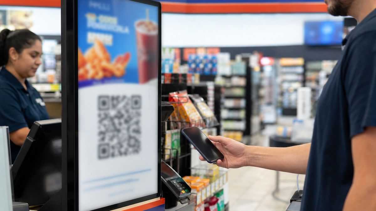 Vertical digital checkout screen showing a QR graphic with a customer reaching for a phone.