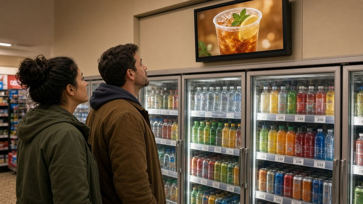 Two shoppers in a US convenience store watching the same checkout digital screen while shelf prices stay uniform on printed tags.
