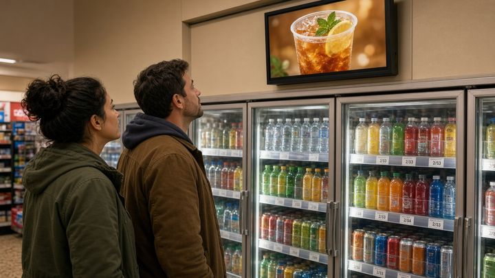 Two shoppers in a US convenience store watching the same checkout digital screen while shelf prices stay uniform on printed tags. Two shoppers in a US convenience store watching the same checkout digital screen while shelf prices stay uniform on printed tags.