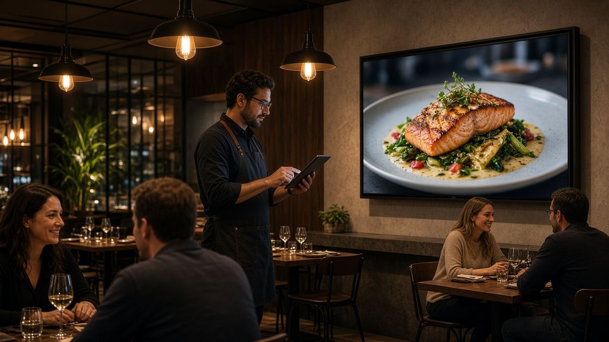 Restaurant dining room with a commercial wall display showing a shared brand video while a manager uses a tablet to keep the house menu playlist. Restaurant dining room with a commercial wall display showing a shared brand video while a manager uses a tablet to keep the house menu playlist.