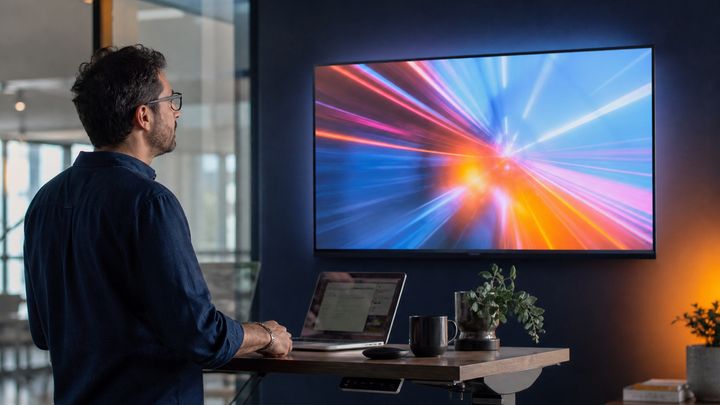 Marketer watching a digital screen go live with colorful motion graphics in a modern office. Marketer watching a digital screen go live with colorful motion graphics in a modern office.