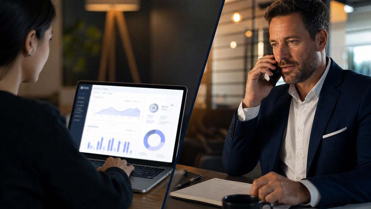 A side-by-side comparison concept illustrating self-serve advertising dashboard control vs managed agency campaign planning.