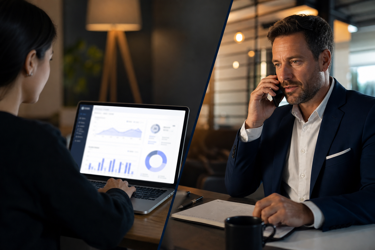 A side-by-side comparison concept illustrating self-serve advertising dashboard control vs managed agency campaign planning.