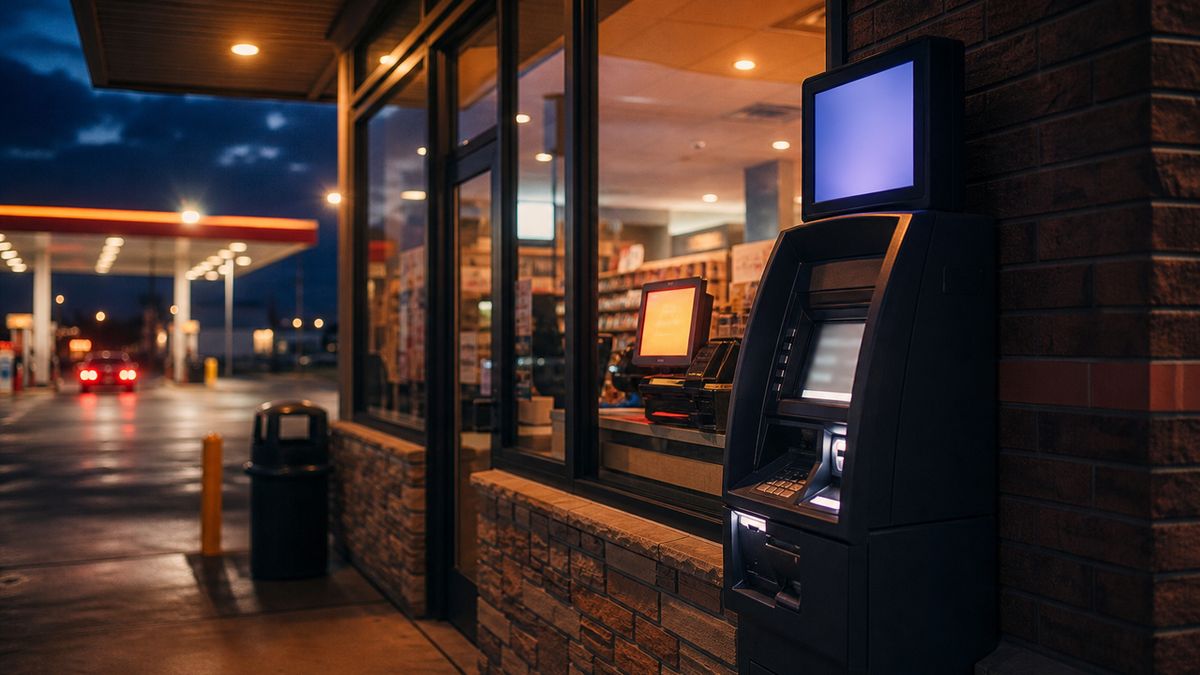 Gas station convenience store at dusk with an ATM digital topper and glowing interior screen. Gas station convenience store at dusk with an ATM digital topper and glowing interior screen.