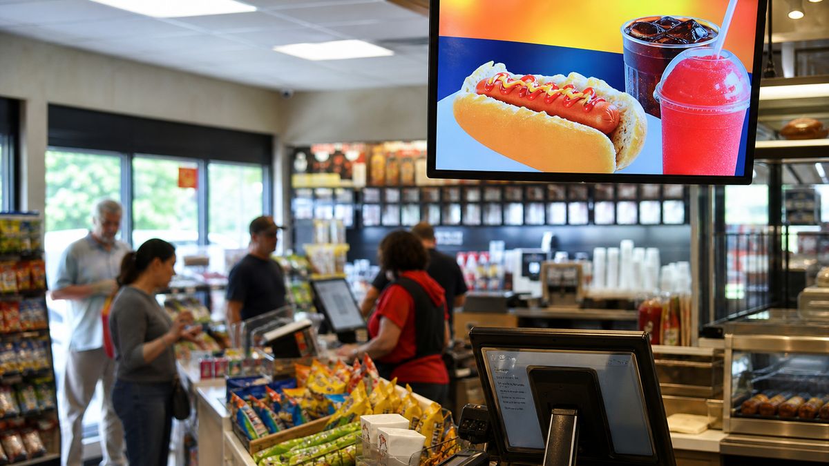 A digital display screen inside a modern convenience store showing localized advertising near the register.