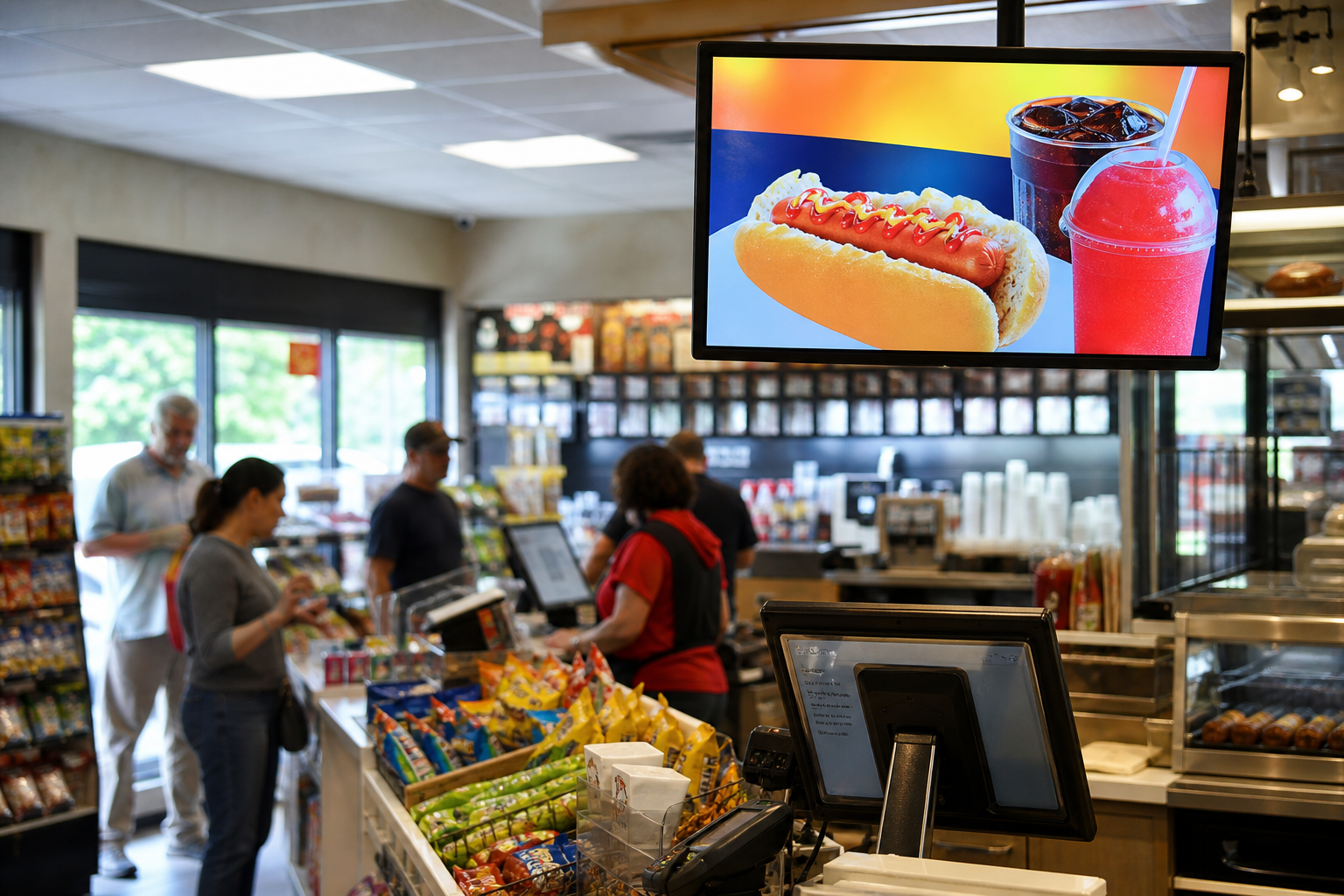 A digital display screen inside a modern convenience store showing localized advertising near the register.