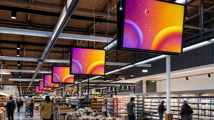An overhead view of a modern retail space with digital screens displaying promotional media.
