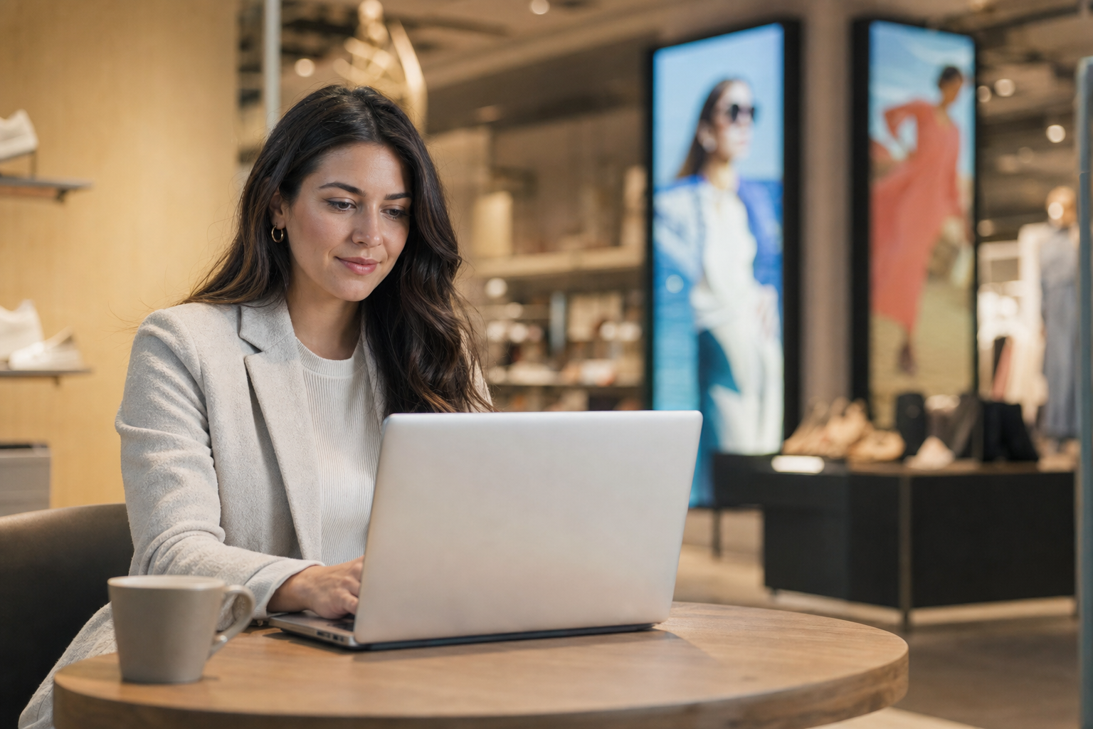 Business user launching a self-serve video ad campaign on laptop with retail digital screens in the background