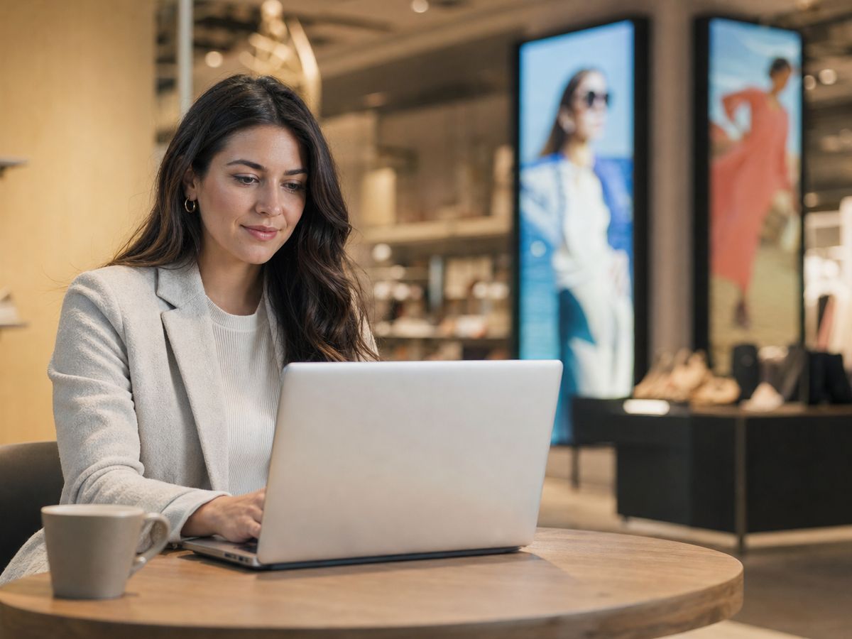 Business user launching a self-serve video ad campaign on laptop with retail digital screens in the background
