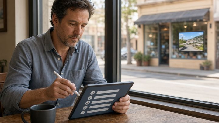 Small-business owner at a cafe table reviewing a tablet privacy checklist with a neighborhood storefront digital screen visible through the window. Small-business owner at a cafe table reviewing a tablet privacy checklist with a neighborhood storefront digital screen visible through the window.