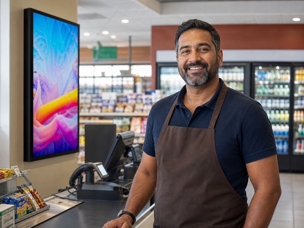 Convenience store owner beside digital signage at checkout in a modern US retail store