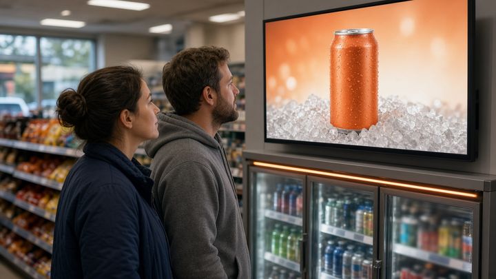 Two shoppers in a US convenience store looking at the same digital screen playing a shared product advertisement above the cooler. Two shoppers in a US convenience store looking at the same digital screen playing a shared product advertisement above the cooler.