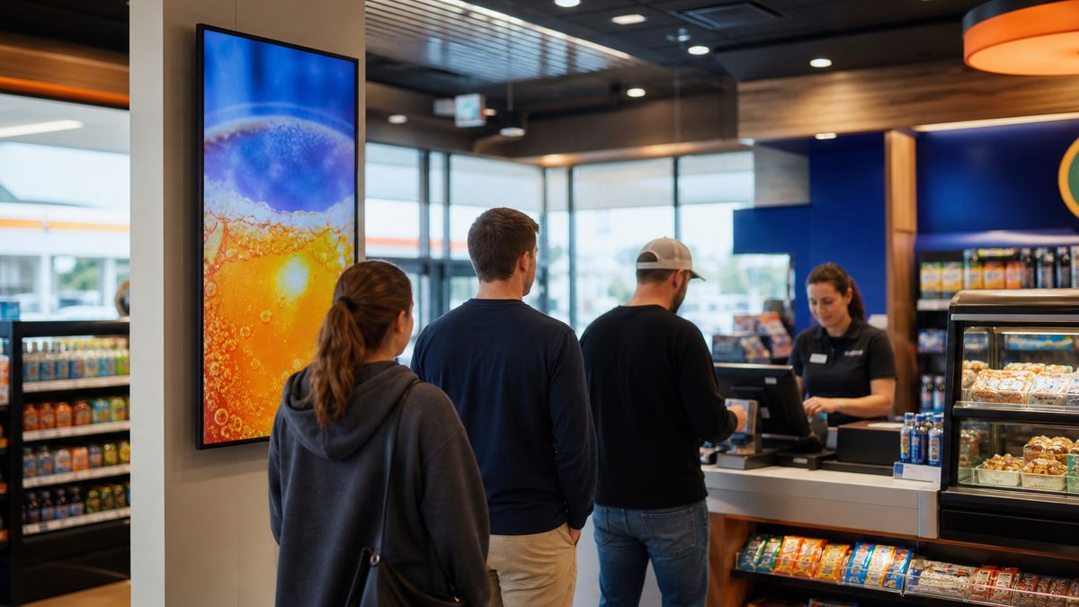 A digital video advertising screen inside a bright, modern retail venue showing an engaging lifestyle video promotion to checkout queues.