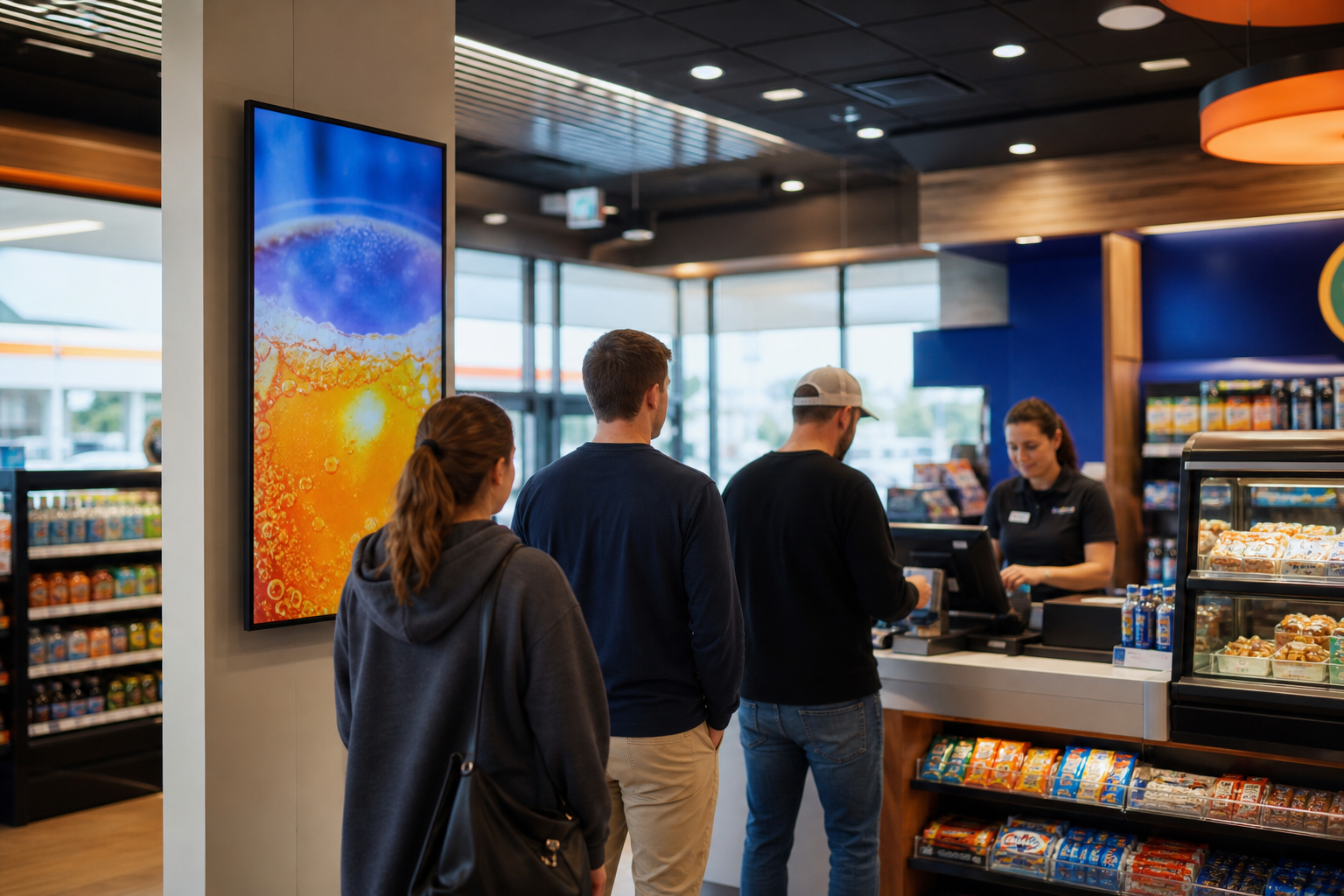A digital video advertising screen inside a bright, modern retail venue showing an engaging lifestyle video promotion to checkout queues.